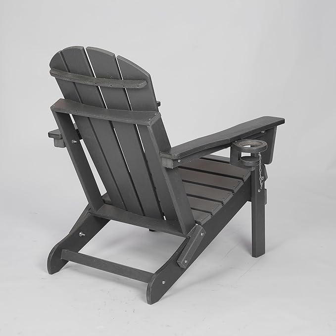 Folding Outdoor Adirondack Chair in Gray with Dual Cup Holders and Composite Wood Texture - Space-Saving Solution
