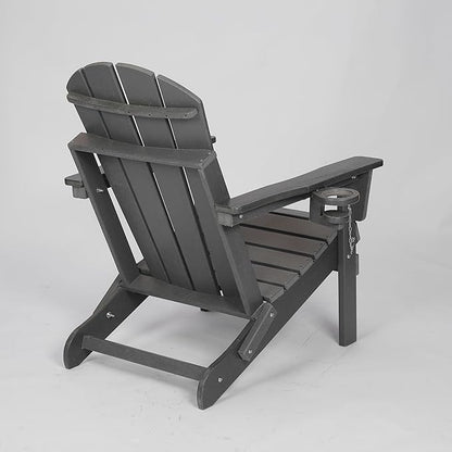Folding Adirondack Chair with Dual Cup Holder, HDPE Composite Adirondack Chair with Wood Texture, Patio Chairs, Lawn Chairs, Outdoor Chair for Deck, Backyard, Garden (Gray)