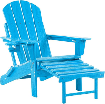 Adjustable Adirondack Rocking Chair with Retractable Ottoman,4-in-1 Multifunctional Folding Patio Chair with Cup Holder, Outdoor Chair Wood Texture for Lawn,Porch, Backyard,Pool(Pacific Blue)