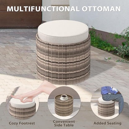 EAGLE PEAK Sunset Dune Collection Round Modern Nesting Coffee Tables, Wood Grain Top Stacking Accent Tables, Matching Ottoman, Indoor Outdoor, Set of 3, Brown