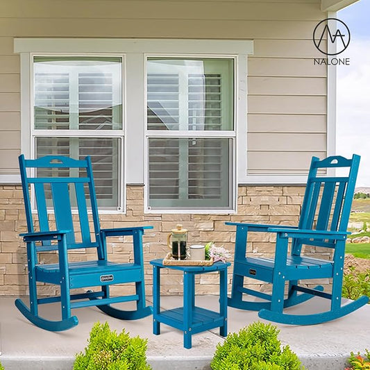 nalone Outdoor Rocking Chairs Set of 2, Oversized Porch Rocker Chair for Adult, All-Weather Resistant Patio Rocking Chair for Garden Lawn (Blue)