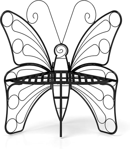 Small Metal Butterfly Garden Bench, Outdoor Benches Weatherproof, Patio Porch Bench for Outdoors, Outdoor Butterfly Chair Armless for Front Porch/Yard/Entryway (A-Black)