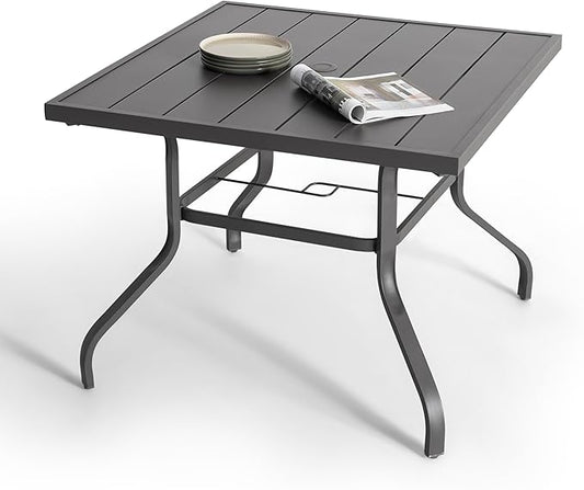 NUU GARDEN 37" Outdoor Patio Table, Square Steel Slat Dining Table for 4 with 1.57" Umbrella Hole, Powder-Coated Iron Frame and Slatted Top for Patio, Garden and Balcony, Gray