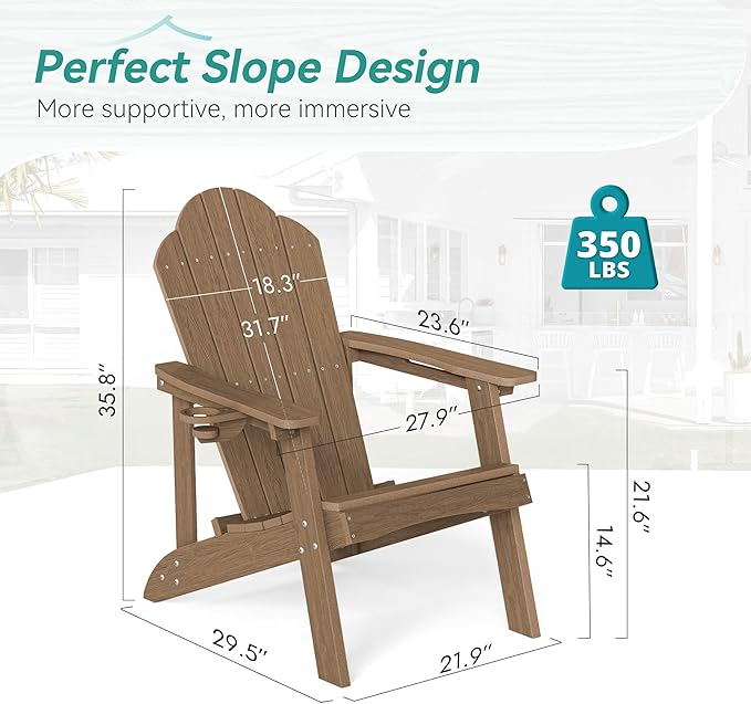 Wood-Grain HDPE Adirondack Chairs Set of 2, Weather Resistant Outdoor Seating with Hidden Cup Holder for Porch, Cabin, Deck & Fire Pit, Brown