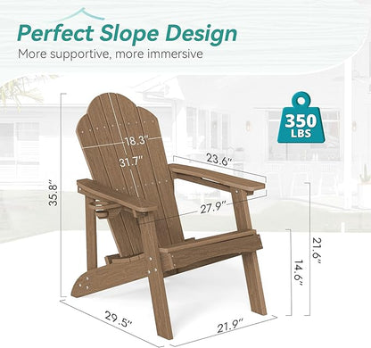 Wood-Grain HDPE Adirondack Chairs Set of 2, Weather Resistant Outdoor Seating with Hidden Cup Holder for Porch, Cabin, Deck & Fire Pit, Brown