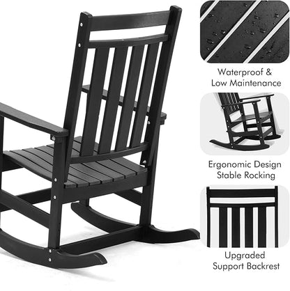 Oversized Outdoor Rocking Chair,All Weather Rocker Chair with More Comfortable Seat Panel for Porch Patio Outside(Black)