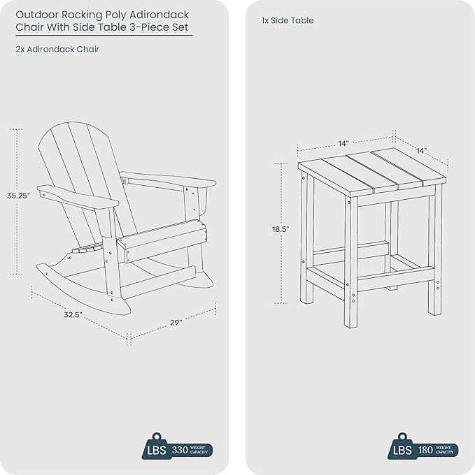 WO WESTIN OUTDOOR HDPE Laguna Outdoor Rocking Poly Adirondack Chair with Side Table 3-Piece Set, Dark Green