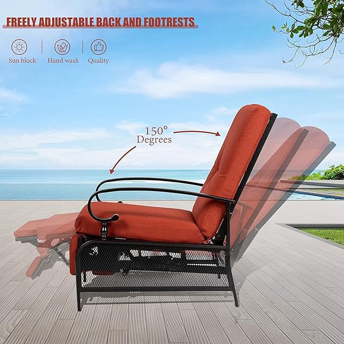 SUNCROWN Outdoor Recliner Chair Patio Adjustable Relaxing Chairs Outdoor Metal Furniture Chair with Thick Cushion, Red - Photo 6