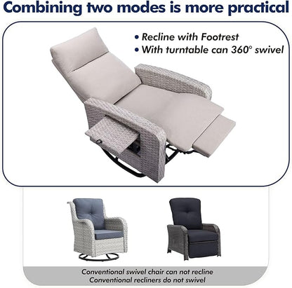 Outdoor Recliner Chair Set of 2, Wicker Patio Recliners with Adjustable Backrest and Extended Foot Rest, Reclining Patio Chairs with Flip Table & Removable Cushion Cover for Porch