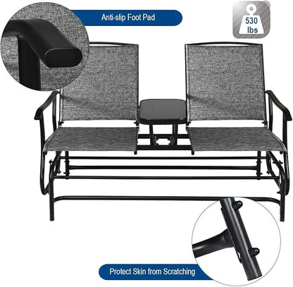 Giantex Patio Bench Glider Chair with Metal Frame, Center Tempered Glass Table, Outside Double Rocking Swing Loveseat for Porch, Garden, Poolside, Balcony, Lawn Rocker Outdoor Glider Bench(Gray)