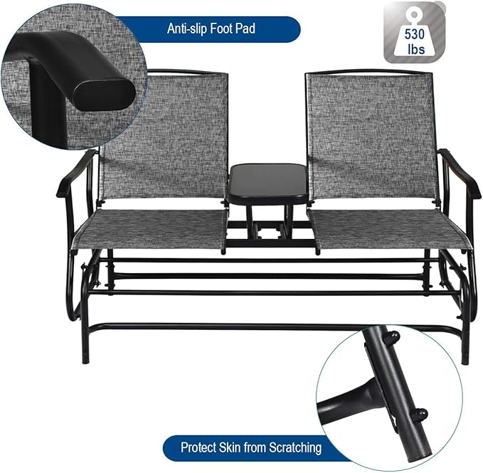 Giantex Patio Bench Glider Chair with Metal Frame, Center Tempered Glass Table, Outside Double Rocking Swing Loveseat for Porch, Garden, Poolside, Balcony, Lawn Rocker Outdoor Glider Bench(Gray)