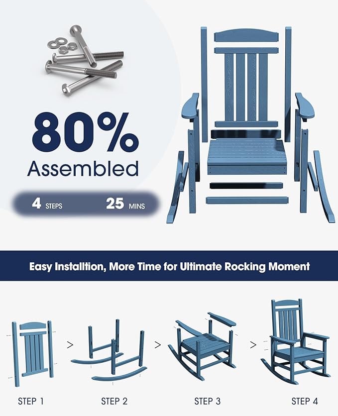 KINGYES Oversized Patio Rocking Chair Set of 2, HDPE Outdoor Rocking Chairs with 330lbs Support for Adults, Navy