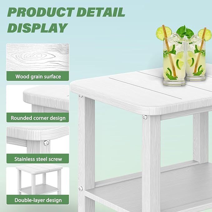 Patio Side Table, Small Rectangular HDPE Adirondack End Table for Outdoor Use in Pool, Garden, Lawn, Backyard,White