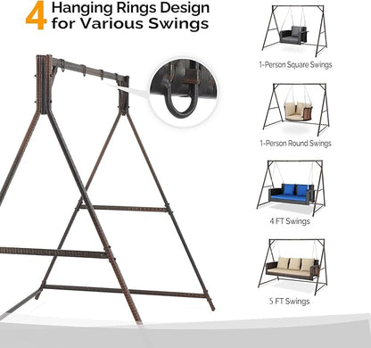 PE Rattan Porch Swing Frame, A-Type Swing Stand with Weather Resistant Design, 1200 lbs Weight Capacity, Fits 4 ft & 5 ft Swings for Single or Family Outdoor Relaxation