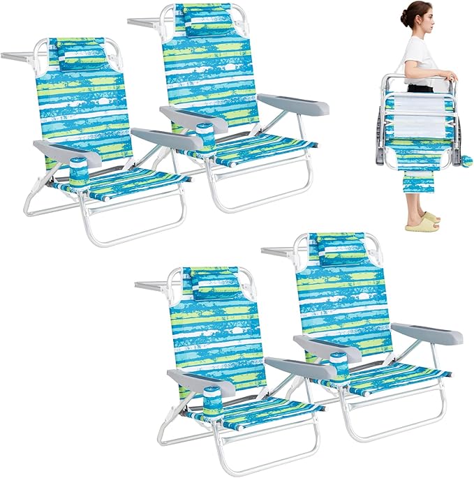 GYMAX Beach Chairs, 4Pcs Folding Camping Chair with Adjustable Backrest, Shoulder Strap, Cup Holder & Headrest, Portable Aluminum Lounger for Tanning, Sunbath, Lawn, Patio (Green, 4 Chairs)