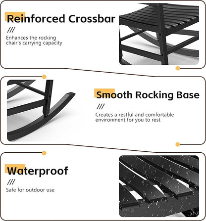Patio Rocking Chair Outdoor Set of 2,Weather Resistant Poly Resin Oversized Porch Rocker,High Back Smooth Design,350lb Weight Capacity,Indoor Outdoor Use(2, Black)