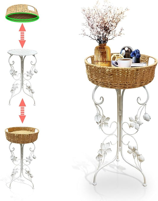 Outdoor Metal Patio Folding Side Table with Removable Wicker Tray, Boho Woven Rattan Plant Stand, Small Round Coffee end Table (Seagrass, White)