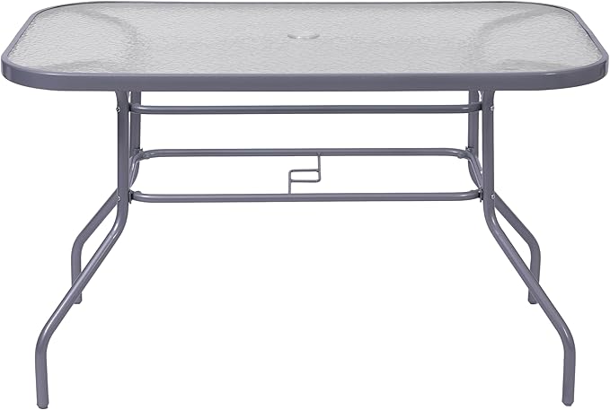 Flash Furniture Tory Rectangle Patio Table with Umbrella Hole, Commercial All-Weather Table with Heat Resistant Tempered Glass, Steel Tube Frame, 27.5x47.25, Silver