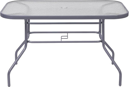 Flash Furniture Tory Rectangle Patio Table with Umbrella Hole, Commercial All-Weather Table with Heat Resistant Tempered Glass, Steel Tube Frame, 27.5x47.25, Silver