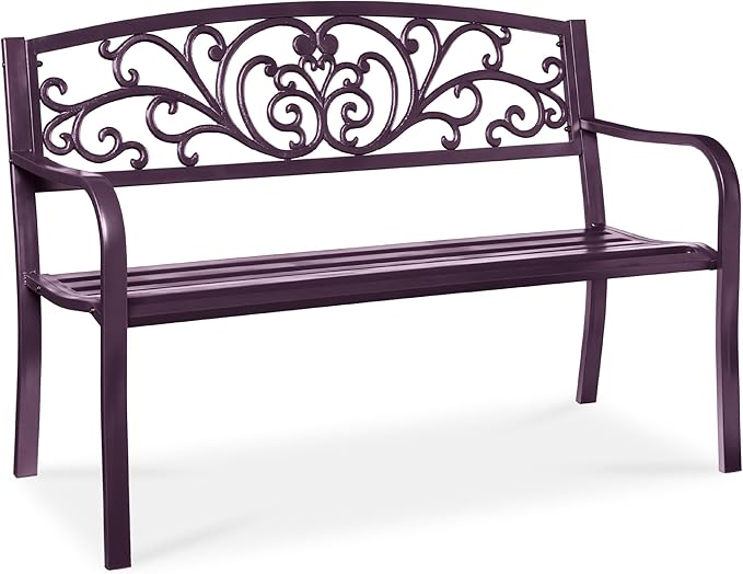 Best Choice Products Outdoor Bench Steel Garden Patio Porch Furniture for Lawn, Park, Deck w/Floral Design Backrest - Photo 1