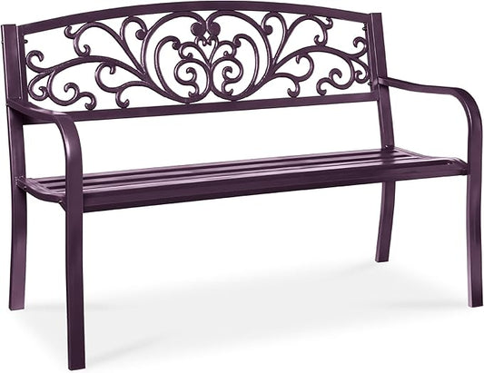 Best Choice Products Outdoor Bench Steel Garden Patio Porch Furniture for Lawn, Park, Deck w/Floral Design Backrest, Slatted Seat - Purple