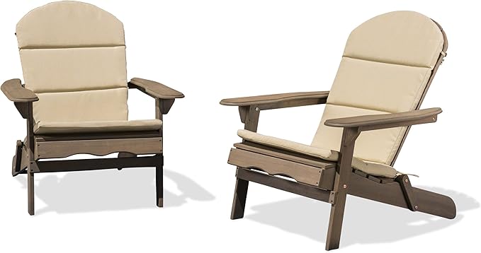 Christopher Knight Home Amenda Outdoor Acacia Wood Folding Adirondack Chairs with Cushions (Set of 2), Gray, Grey + Khaki