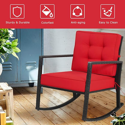Tangkula Wicker Rocking Chair, Outdoor Glider Rattan Rocker Chair with Heavy-Duty Steel Frame, Patio Wicker Furniture Seat with 5” Thick Cushion for Garden, Porch, Backyard, Poolside (2, Red)