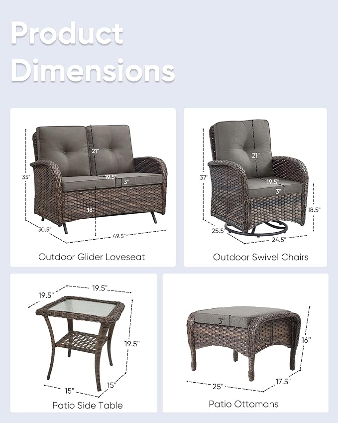 6 Pieces Patio Wicker Furniture Set-Outdoor Swivel Chairs Set of 2 Outdoor Glider Love seat with Outdoor Footstool - Photo 6