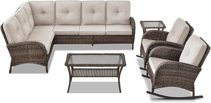 Belord Outdoor Furniture Set - 6 Pieces Patio Conversation Sectional Sofa Set with Patio Rocking Chairs Set of 2 and Wicker Coffee Table for Deck Backyard Sunroom Brown