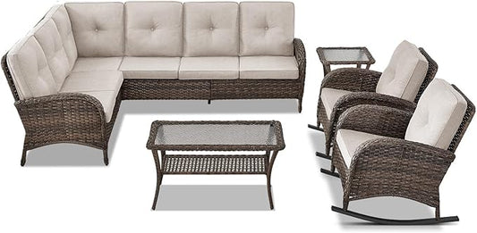 Belord Outdoor Furniture Set - 6 Pieces Patio Conversation Sectional Sofa Set with Patio Rocking Chairs Set of 2 and Wicker Coffee Table for Deck Backyard Sunroom Brown