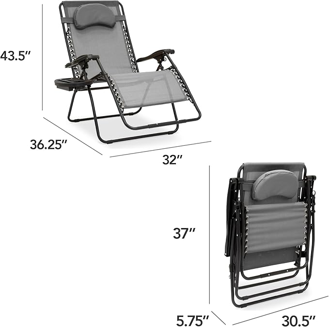Best Choice Products Oversized Zero Gravity Chair, Folding Outdoor Patio Lounge Recliner w/Cup Holder Accessory Tray, Pillow - Gray