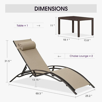 PURPLE LEAF Outdoor Chaise Lounge Chair Set of 3 Patio Pool Lounger Bronze Aluminum Chairs with Side Table Adjustable Tanning Recliner for Outside Backyard Yard Deck Balcony Beach Pebble Gray