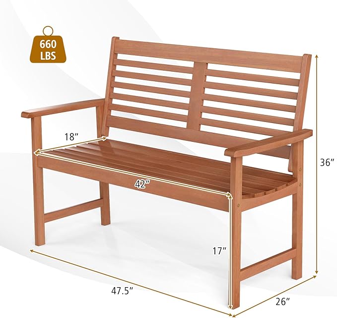 Tangkula Wood Outdoor Bench, 2-Person Patio Bench with Ergonomic Backrest & Armrests, Slatted Seat, Teak Oil Finish, for Front Porch, Backyard, Park, Loads up to 660 LBS