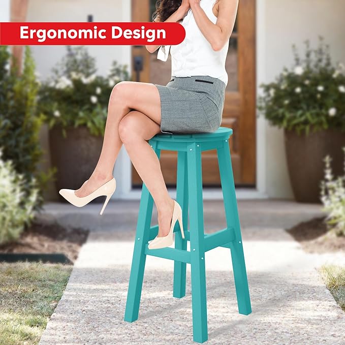 Costaelm 29" Height Outdoor Bar Stools, All-Weather Bar Stools, Adirondack Poly Patio Round Bar Stool for Patio, Deck, Kitchen Counter and Garden, Turquoise