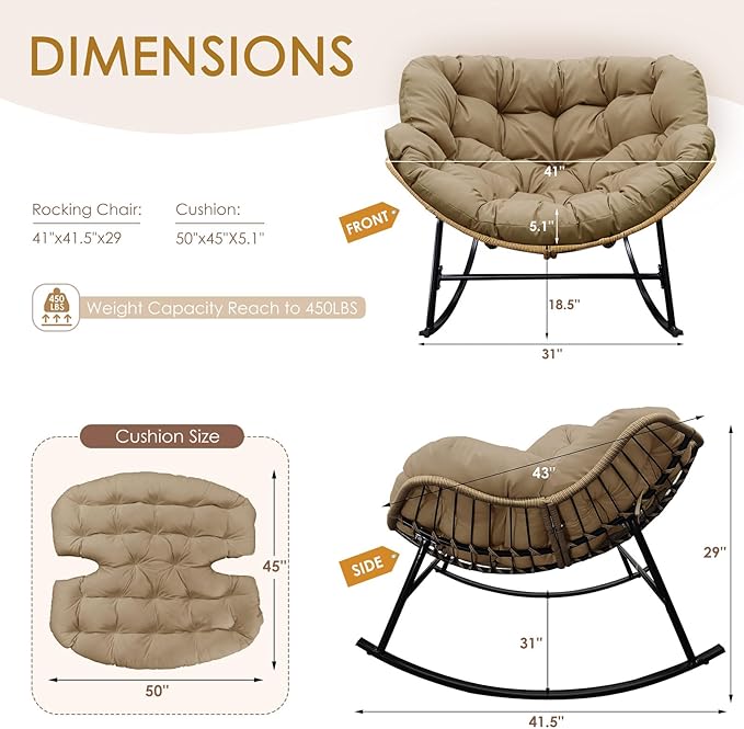 NICESOUL 2-Piece Outdoor Patio Papasan Rocking Chair, Cozy Oversized Wicker Gliding Lounge Chairs for Balcony - Photo 2