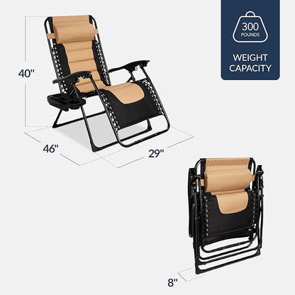 Best Choice Products Oversized Padded Zero Gravity Chair, Folding Outdoor Patio Recliner, XL Anti Gravity Lounger for Backyard w/Headrest, Cup Holder, Side Tray, Polyester Mesh - Tan
