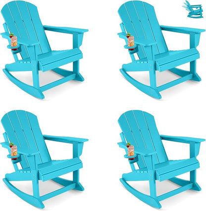 Outdoor Rocking Chairs Set of 4, HDPE Poly All-Weather Patio Rocking Chairs with Cup Holder for Adults, Porch Rocker for Deck Patio Balcony, 440lbs, Turquoise