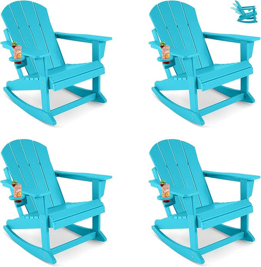 Outdoor Rocking Chairs Set of 4, HDPE Poly All-Weather Patio Rocking Chairs with Cup Holder for Adults, Porch Rocker for Deck Patio Balcony, 440lbs, Turquoise
