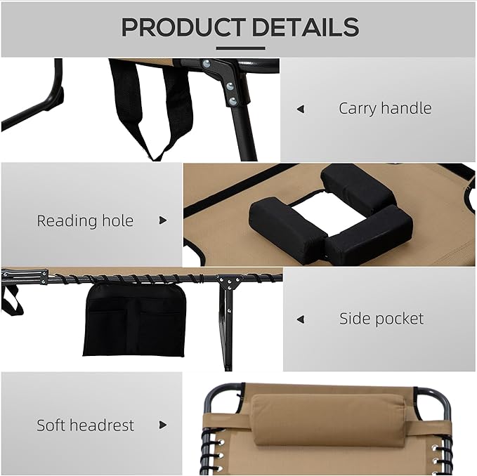 Outsunny 2 Piece Folding Chaise Lounge with 5-Level Reclining Back, Tanning Chair with Face Hole, Outdoor Lounge Chair with Side Pocket & Headrest for Beach, Yard, Patio, Beige