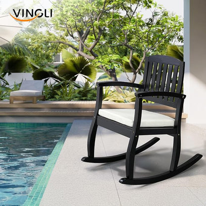 VINGLI Patio Rocking Chair with Cushion, Wood Rocking Bench with Comfortable Backrest, Outdoor Wooden Rocker Support 450 LBS for Indoors & Outdoors (Black, 1 PCS)