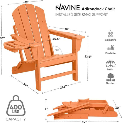 Adirondack Chair Set of 4, HDPE Folding Adirondack Chair with Multifunctional Cup Holder, Weather Resistant Fire Pit Chair for porches, patios, poolsides, Decks.
