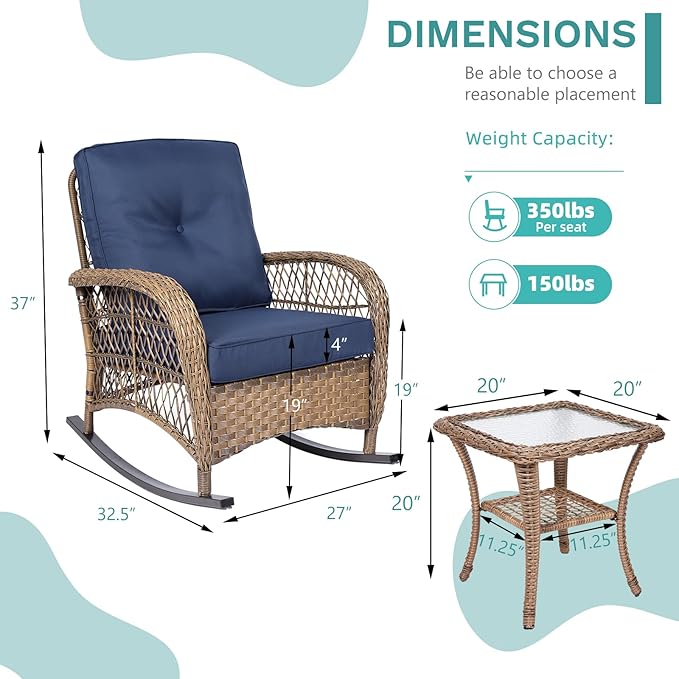 MEETWARM 3 Pieces Outdoor Wicker Rocking Chair Set - Photo 5