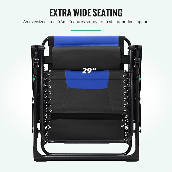 JEAREY Oversized Padded Zero Gravity Chairs, Folding Lounge Chair Outdoor Patio Recliner, Anti Gravity Chair for Backyard with Headrest, Cup Holder, Side Tray, Polyester Mesh - Black/Blue