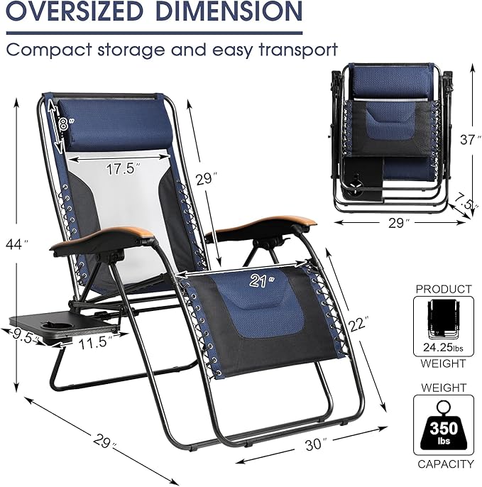 Portal Portable Zero Gravity Chair, Lounge Chair Outdoor Oversized Zero Gravity Chair Folding Lounge Chair with Adjustable Pillows and Cup Holder for Poolside Backyard and Lawn, Support 350lbs