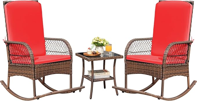Devoko Outdoor Rocking Chairs 3 Piece Patio Furniture Set with Side Table & Cushions, Wicker Porch Rocker Bistro Set High Back for Balcony, Backyard, Garden (Red)
