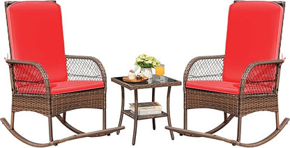 Devoko Outdoor Rocking Chairs 3 Piece Patio Furniture Set with Side Table & Cushions, Wicker Porch Rocker Bistro Set High Back for Balcony, Backyard, Garden (Red)