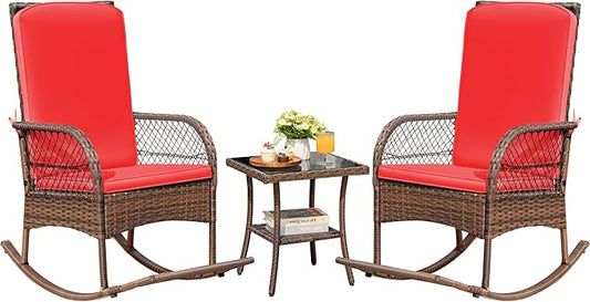 Devoko Outdoor Rocking Chairs 3 Piece Patio Furniture Set with Side Table & Cushions, Wicker Porch Rocker Bistro Set High Back for Balcony, Backyard, Garden (Red)