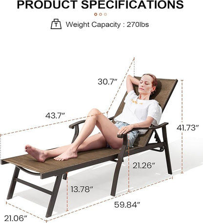 Crestlive Products Aluminum Chaise Lounge Set of 3,Patio Lounge Chairs Five-Position and Full Flat Outdoor Recliner All Weather for Patio, Beach, Yard, Pool (3PCS Brown)