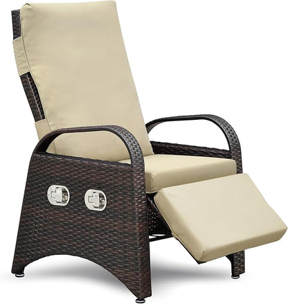 ATR ART TO REAL Outdoor Recliner Chairs, PE Wicker Reclining Lounge Chair with Removable Soft Cushion, Adjustable Outside Recliners for Patio, Porch, Poolside, Balcony, Lawn (Khaki, 1 PC)
