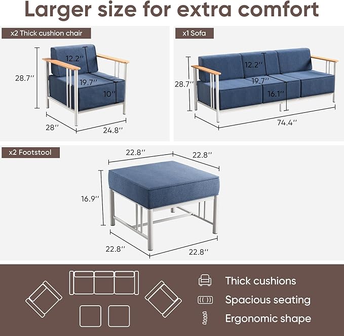 10-inch Thick Cushion Outdoor Furniture Set of 5, Patio Chair Set with Sofa,Wood Grain armrests, trapezoidal backrest - Photo 2